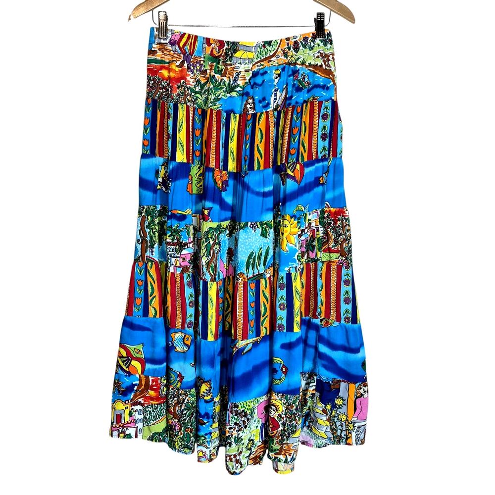 Vintage 90s Carole Little Sport Tiered Vibrant Multicolor Bohemian Maxi Skirt 8